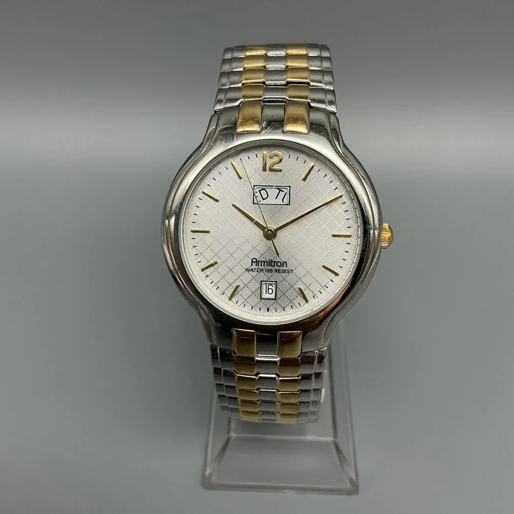 Armitron Mens Watch 35mm Silver Gold Two Tone Day Date 20/1730-1 New Battery